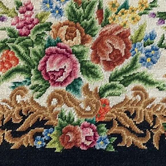 Vintage Floral Petit Point Rose Quartz Gold Filigree Embroidered Black Handbag - Picture 14 of 16